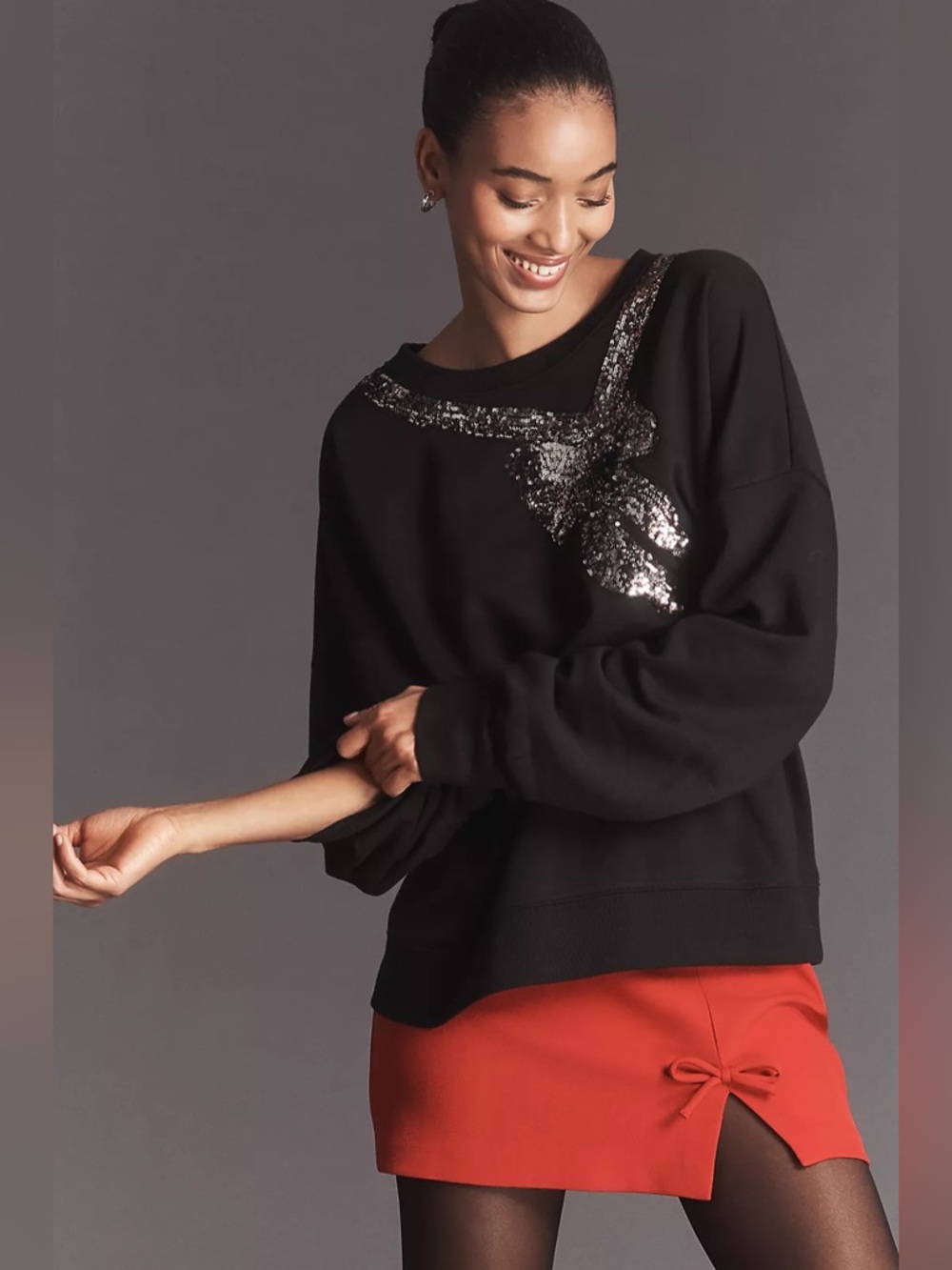 ANTHROPOLOGIE Maeve Sequin Bow Sweatshirt S 22” p2p Black $138 Retail NWT